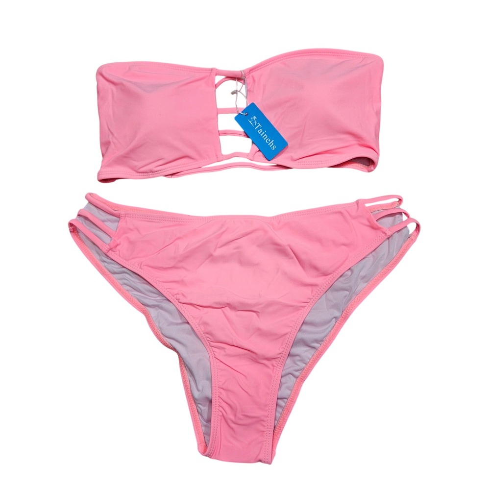 Tainehs Bikini Set Women Large Pink Strappy Cutout Bandeau High Waist Swimsuit